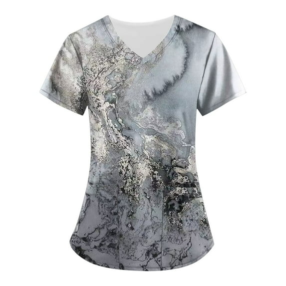 LHVUOA Women's Printed Scrubs Top Professionals Nurse Workwear Uniform Breathable Plus Size V-Neck Short Sleeve Work Blouse Loose Tunic Shirt with Pockets