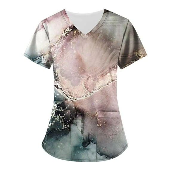 LHVUOA Women's Printed Scrubs Top Professionals Nurse Workwear Uniform Breathable Plus Size V-Neck Short Sleeve Work Blouse Loose Tunic Shirt with Pockets