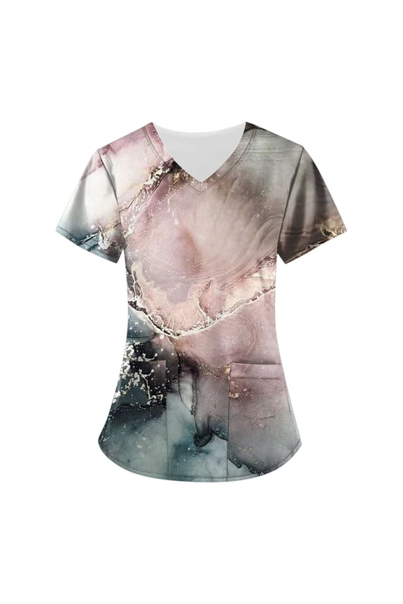 Women's Printed Scrubs Top Professionals Nurse Workwear Uniform Breathable Plus Size V-Neck Short Sleeve Work Blouse Loose Tunic Shirt with Pockets
