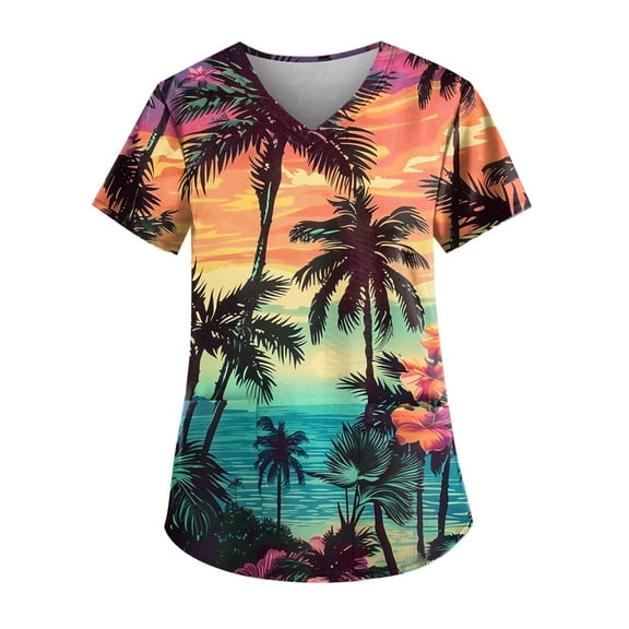 LHVUOA Women's Scrub Tops Short Sleeve V-Neck Shirts Fashion Casual Leaf Print Pattern Top
