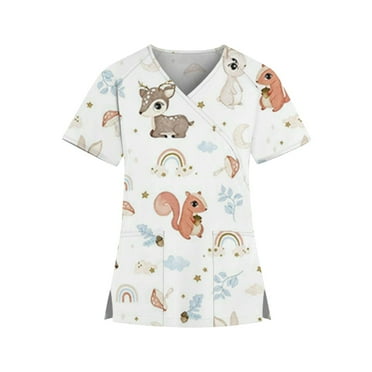 LHVUOA Women’s Scrub Tops - V-Neck Nursing Scrubs with 2 Pockets, Cute Cartoon Working Uniform Short Sleeve Blouse