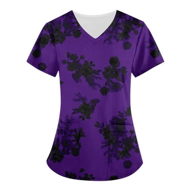 LHVUOA Women's Working Uniform Nursing Uniform Scrubs Top Floral Print Scrub Tops Short Sleeve V-neck Blouse Tee with Pockets