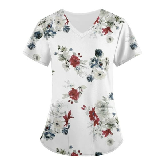 LHVUOA Women's Working Uniform Nursing Uniform Scrubs Top Floral Print Scrub Tops Short Sleeve V-neck Blouse Tee with Pockets