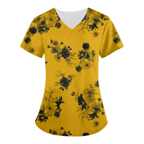 LHVUOA Women's Working Uniform Nursing Uniform Scrubs Top Floral Print Scrub Tops Short Sleeve V-neck Blouse Tee with Pockets
