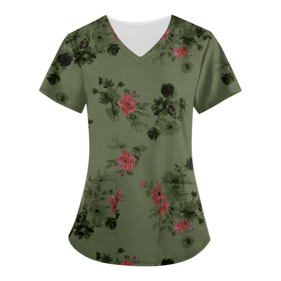 LHVUOA Women's Working Uniform Nursing Uniform Scrubs Top Floral Print Scrub Tops Short Sleeve V-neck Blouse Tee with Pockets