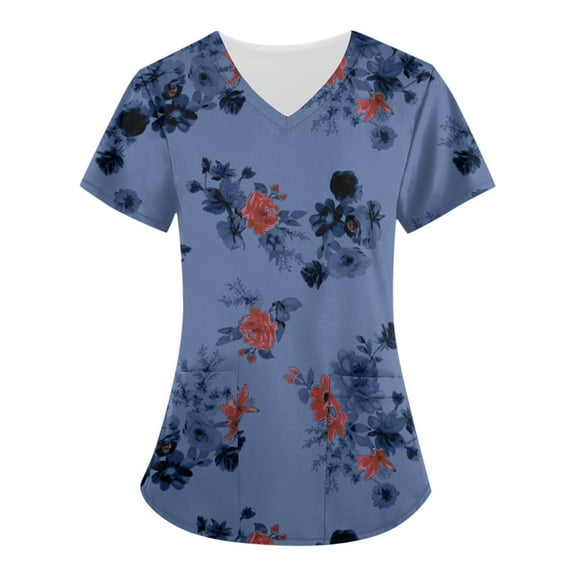 LHVUOA Women's Working Uniform Nursing Uniform Scrubs Top Floral Print Scrub Tops Short Sleeve V-neck Blouse Tee with Pockets