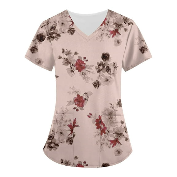 LHVUOA Women's Working Uniform Nursing Uniform Scrubs Top Floral Print Scrub Tops Short Sleeve V-neck Blouse Tee with Pockets