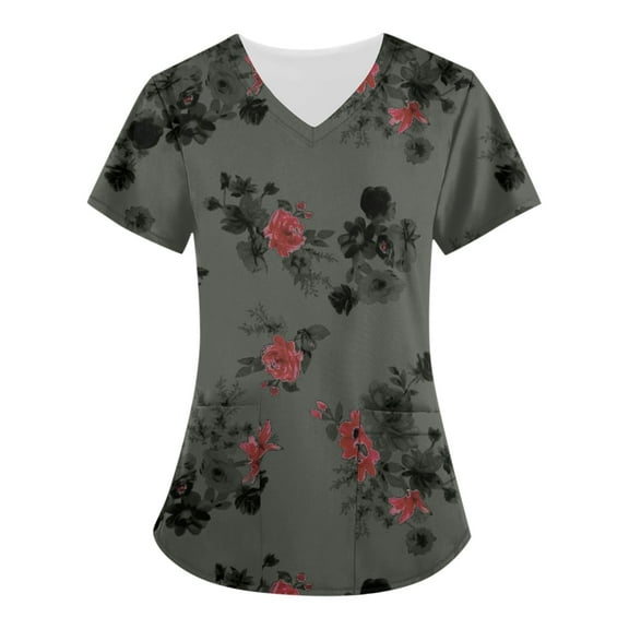 LHVUOA Women's Working Uniform Nursing Uniform Scrubs Top Floral Print Scrub Tops Short Sleeve V-neck Blouse Tee with Pockets