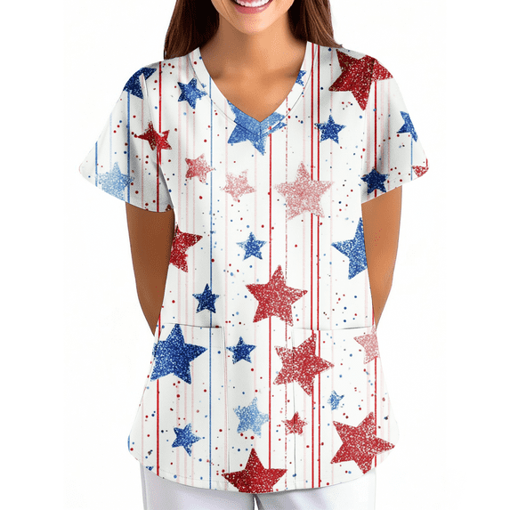 LHVUOA Womens 4th of July Scrub Tops Vintage Star and Stripes Printed Short Sleeve Tops Plus Size Loose Fit Independence Day Nursing Uniforms