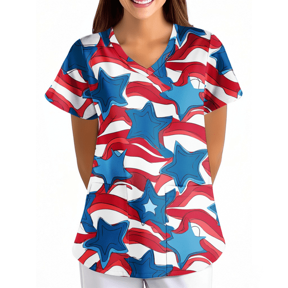 LHVUOA Womens 4th of July Scrub Tops Vintage Star and Stripes Printed Short Sleeve Tops Plus Size Loose Fit Independence Day Nursing Uniforms
