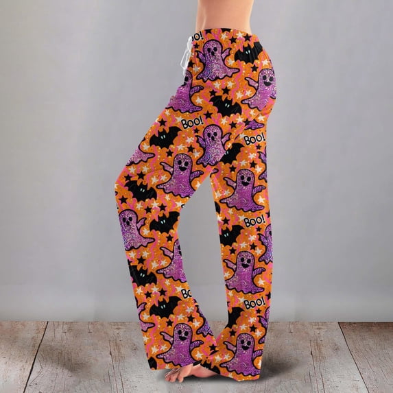 LHVUOA Womens Halloween Pajamas Pants Drawstring Stretch Cute Ghost Print Pjs Casual Plus Size Sleep Pants