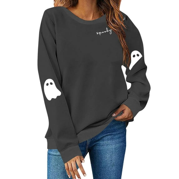 LHVUOA Womens' Halloween Sweaters Spooky Season Long Sleeve Crewneck Shirts Cute Ghost Halloween Sweaters