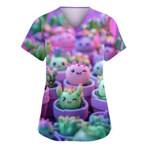 LHVUOA Womens Scrub Tops Cute Animals Printed Short Sleeve Tops Plus Size Loose Fit Nursing Uniforms