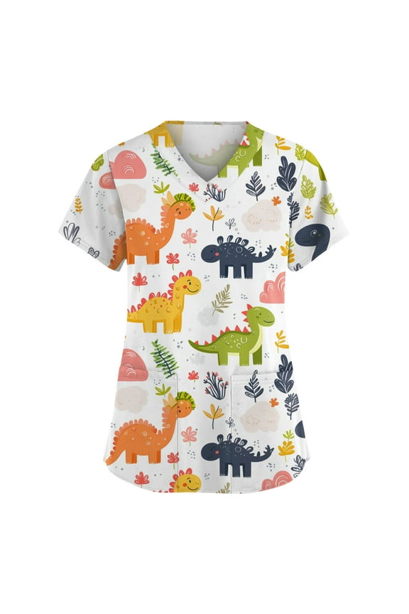 Womens Scrub Tops Short Sleeve Funny Graphic Printed Workwear Cozyfit Scrubs for Women