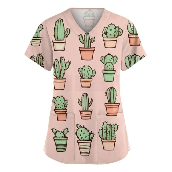 LHVUOA Womens Scrub Tops Short Sleeve Funny Graphic Printed Workwear Plus Size Scrubs for Women Stretch