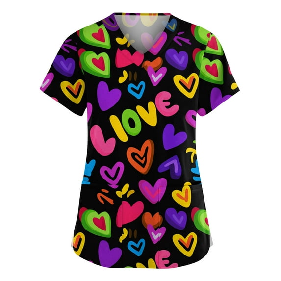LHVUOA Womens Valentine's Day Scrub Tops Cute Heart Print Short Sleeve Nurse Working Uniforms 2026 New Color Medical Plus Size Scrub T Shirts
