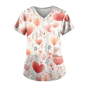 LHVUOA Womens Valentine's Day Scrub Tops Cute Heart Print Short Sleeve Nurse Working Uniforms Cartoon Pattern Tops with Pockets