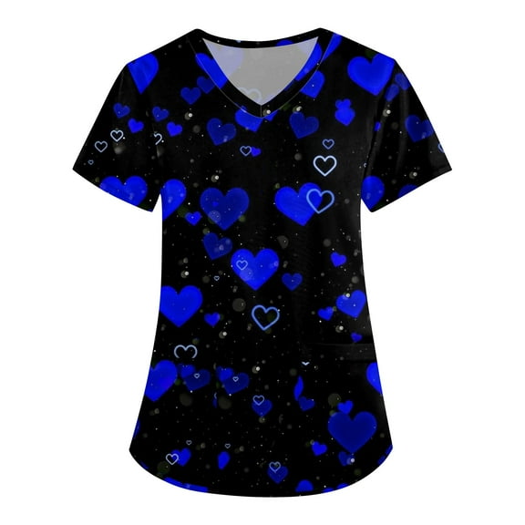 LHVUOA Womens Valentine's Day Scrub Tops Short Sleeve V Neck Print Shirts Nursing Working Uniform Love Print Soft Stretchy Holiday T Shirts