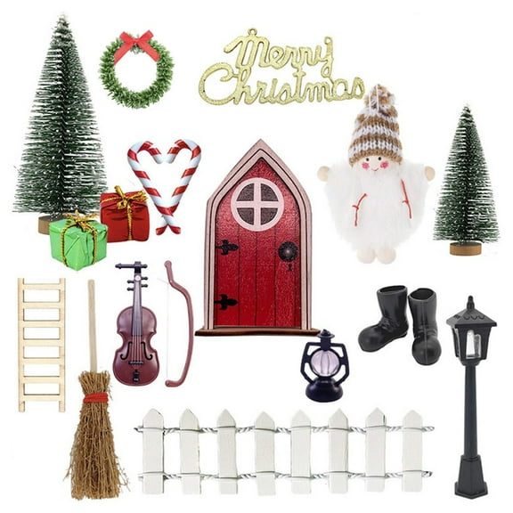 LHWEN 1:12 Christmas Gate Mini Doll House Fairy Door Set Materials Magical Christmas Decoration DIY Scene Room Decor Gnome Door Accessories Perfect for Creating a Festive Atmosphere