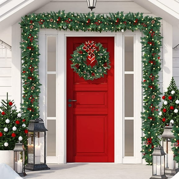 LHWEN 10FT Prelit Christmas Garland LED Lights Red Berries Snowy Spruce Holiday Decoration Indoor Outdoor Mantel Doorway Stair Festive Home Decor Battery Operated Timer Adjustable Bendable Xmas