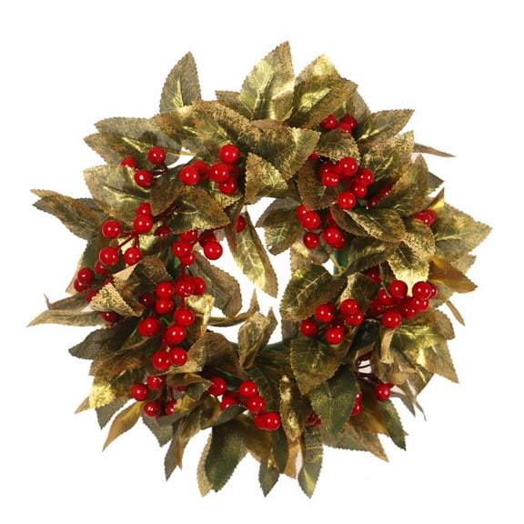 LHWEN 14 Inch Gold Christmas Wreath with Red Berries for Front Door Elegant Home Decor for Outdoor Indoor Plastic and Silk Cloth Material Lightweight and Durable Diameter 35cm Perfect for Festive