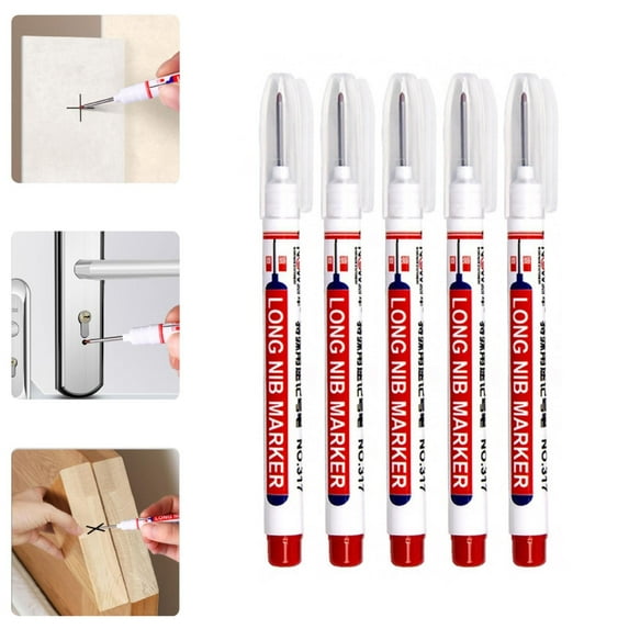 LHWEN 20mm Long Head Deep Hole Marker Pen 5pc Set for Woodworking Metal Building Quick Drying and Ink Marker Pen for Deep Holes Nails Screw Holes DIY Projects