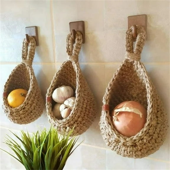 LHWEN 3 Pack Jute Hanging Basket Wicker Hanging Fruit Basket for Storing Fresh Produce Handmade Kitchen Pantry Organizer Small Medium Large Versatile Space-Saving Design Rustic Minimalist Decor Ideal