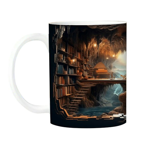 LHWEN 3D Bookshelf Mug 11oz White Ceramic Coffee Tea Cup Creative 3D Effect Cool Gift for Him Her Birthday Christmas Dishwasher Microwave Decorative Mug for Home