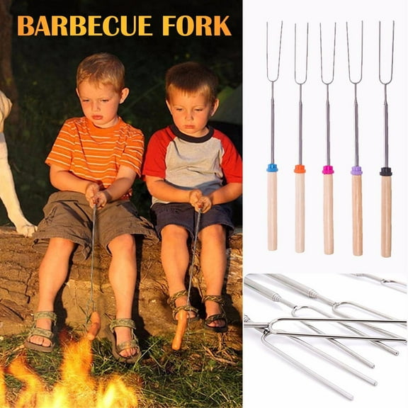 LHWEN 5-Pack Telescopic Stainless Steel Grill Sticks with Wooden Handles, Extends to 32 Inches for Cooking Fire Pit, Picnic Grill, Protective Tip and Zipper Carry Bag, Durable and Rust-Resistant