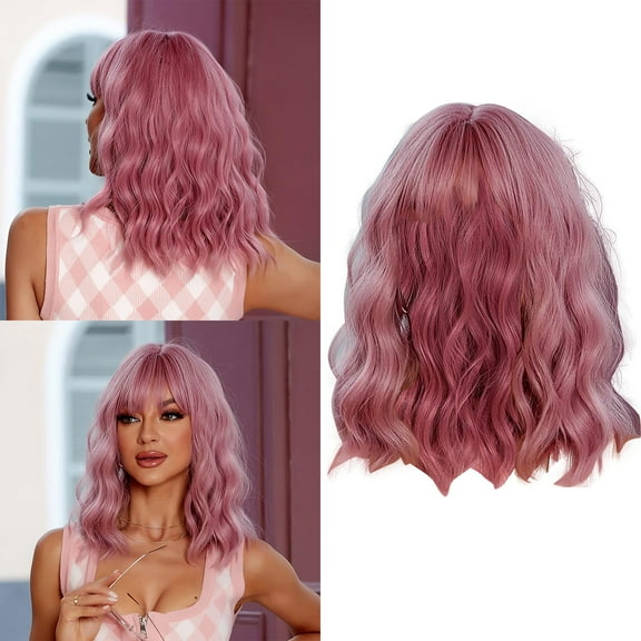 LHWEN Bob Wig with High Temperature Fiber Silk Shoulder Length Short Curly Hair Sweet Sexy European Fringed 35cm Soft Texture Trendy Playful Versatile for Various Occasions