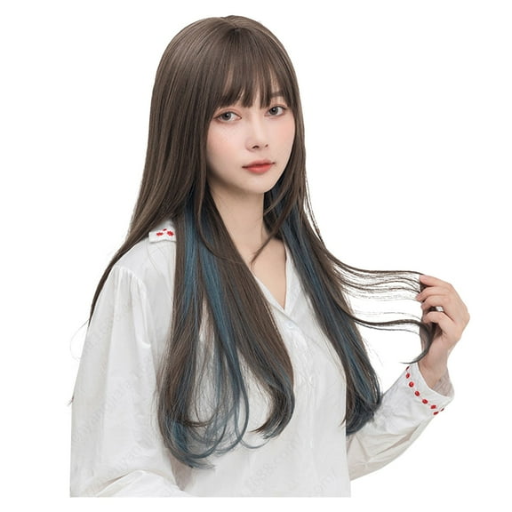 LHWEN Brown Dyed Blue Wig Women's Full Headgear Long Dyed Air Bangs Straight Hair Elastic Mesh Wig Set Beauty Salon Straight Hair Fun Lace Wavy Curls Braided Hair Synthetic Hair bohon Perfect