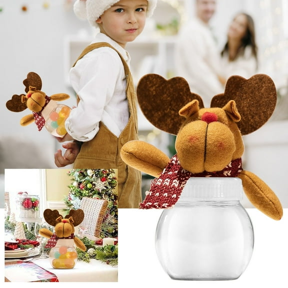 LHWEN Christmas Candy Jar with Santa and Snowman Plush Lid Clear Plastic Novelty Cookie Jars Storage Box for Cookies and Small Gifts 15x8cm Perfect for Xmas Party and Tabletop Decorations