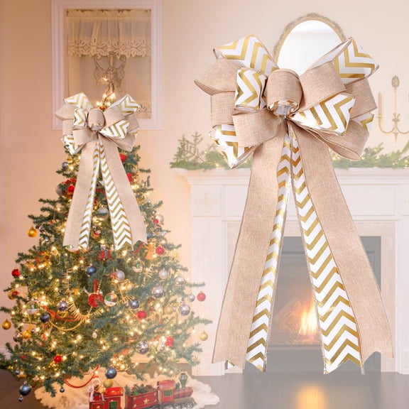 LHWEN Christmas Decoration Large Burlap Bow Double Layer for Tree Topper Wreaths Holiday Decor Red and White Plaid Handmade Bow with Wire Adjustable Design Perfect for Thanksgiving Christmas Indoor