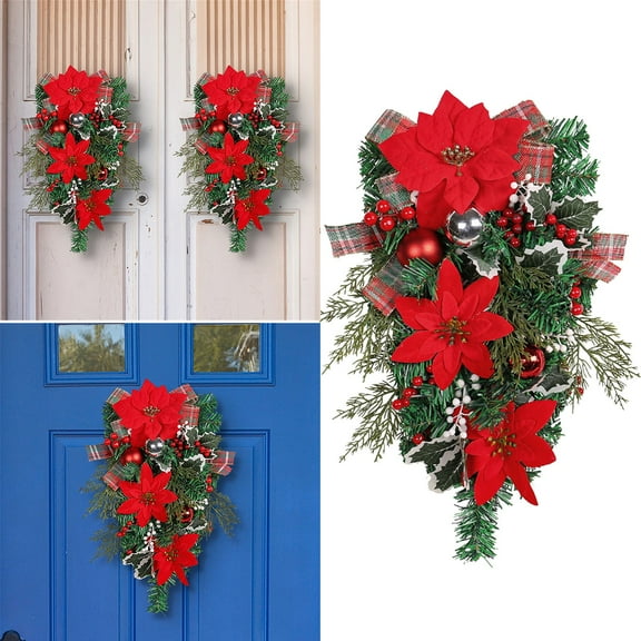 LHWEN Christmas Inverted Tree Upside Down Artificial Christmas Tree Rattan Wall Hanging with Bow Door Decor Festive Ambience and Reusable Decoration for Home Fireplace Window Shop or Christmas Party