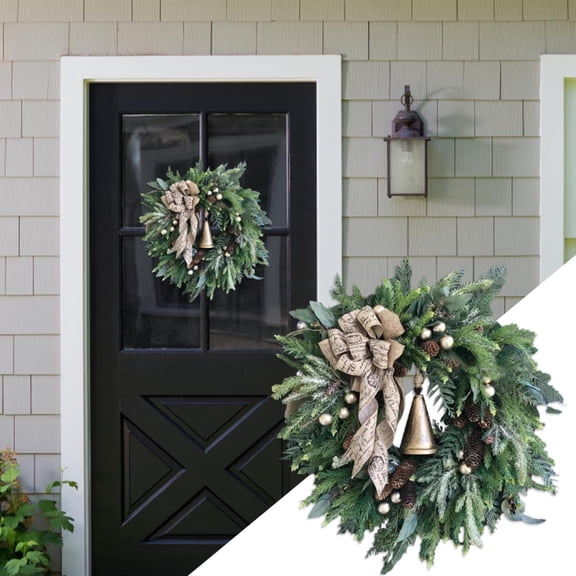 LHWEN Christmas Needles Simulation Wreath 15.74 Inch Wind Wreath Festive Garland Front Door Hanging Ornament Reusable Trimmed with Bells Bows Holiday Party Decor Fireplace Window Tree Bedroom