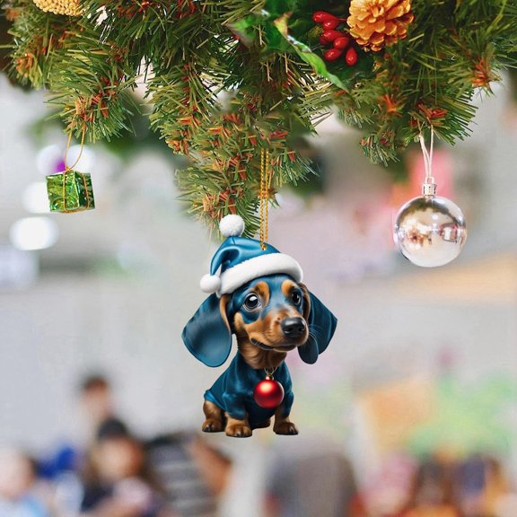 LHWEN Christmas Pet Pendant Blue Hat Dog Ornament Acrylic Tree Decoration Reusable Holiday Gift Home Decor Party Wedding Wall Hanging Decor Indoor Outdoor