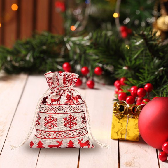 LHWEN Christmas Snowflake Candy Bag Drawstring Storage Pocket Linen Canvas Gift Bag 10X14CM Santa Sack Personalizable Holiday Pouch for Gifts Fireplace Decor Reusable Storage Bags for Holiday
