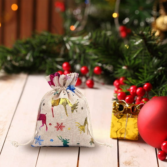 LHWEN Christmas Snowflake Candy Bag Drawstring Storage Pocket Linen Canvas Gift Bag 10X14CM Santa Sack Personalizable Holiday Pouch for Gifts Fireplace Decor Reusable Storage Bags for Holiday