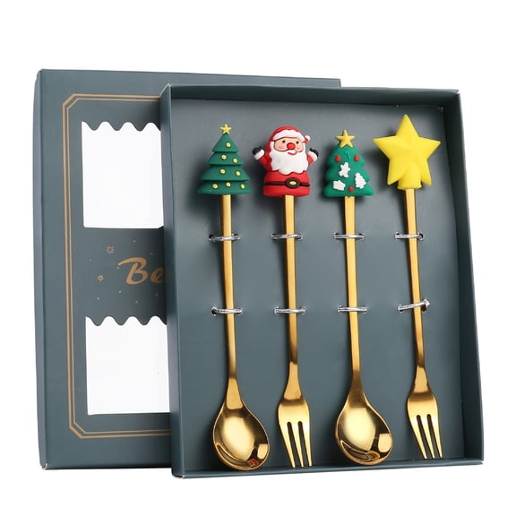 LHWEN Christmas Tableware Set Stainless Spoon and Fork Gift Set with Festive Pendants Dessert Coffee Spoons Unique Holiday Utensils for Parties and Gatherings Perfect Christmas Gift in Decorative Box