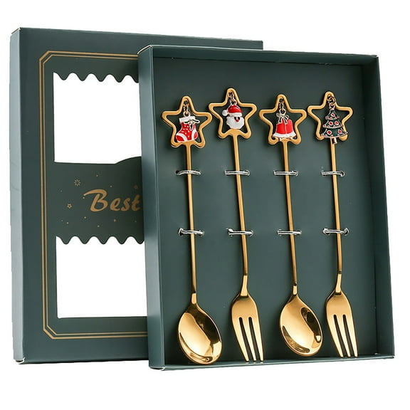 LHWEN Christmas Tableware Set Stainless Spoon Gift Set Dessert Fork Coffee Tea Stirring Mixing Spoon Christmas Pendant Boot Deer Tree Wreath Bell Festive Party Family Gathering Kitchen