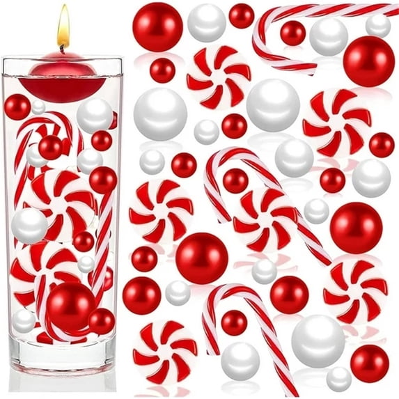 LHWEN Christmas Vase Fillers White Red Candy Cane Pearls Hydrogel Beads Table Decorations Party Centerpieces Floating Candle Decor Wedding Anniversary Gift DIY Home Decor Indoor Holiday Accessories