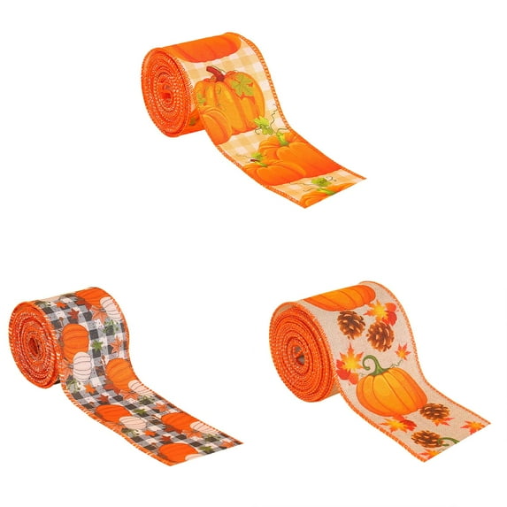 LHWEN Fall Autumn Wired Edge Ribbon Thanksgiving Pumpkin Maple Leaf Truck Wrap Crafts Ribbon Fall Decoration DIY Bow Wreath Gift Basket Home Decor Classic Fall Print 3PCS