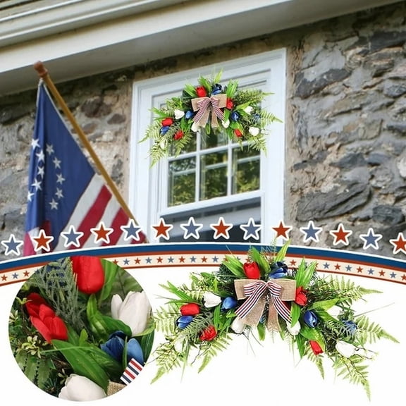 LHWEN Fall Wreath Signs Topiary Cemetery Christmas Wreaths Outdoor Porch Hanging Independence Day Decor Front Door Patriotic Daisy Wreath Housewarming Gift Welcome Home Decor Red White Blue Poly
