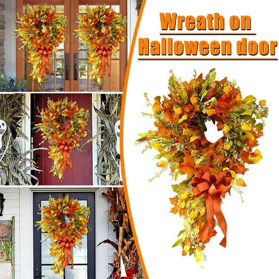 LHWEN Hallowe-en Autumn Maple Leaf Wreath Artificial Vintage Fall Decor Outside Thanksgiving Home Decoration Front Door Wall Window Farmhouse Celebration 9.8 Inches Indoor Outdoor Seasonal Display
