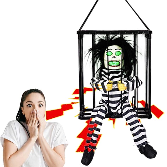 LHWEN Halloween Cage Hanging Decoration Scary Action Activated Prison Inmate Props Funny Skeleton Prisoner Home Garden Decor Realistic Design Glowing Red Eyes Motion Sensor Triggered Loud Indoor
