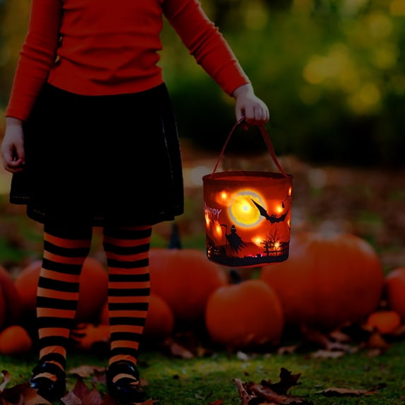 LHWEN Halloween Candy Bags Trick Or Bags Light-Up Halloween Buckets Full Halloween Theme Pumpkins Bats 9.8" Diameter x 9.8" High LED Design Multipurpose Reusable Lightweight Sturdy Material Polyester