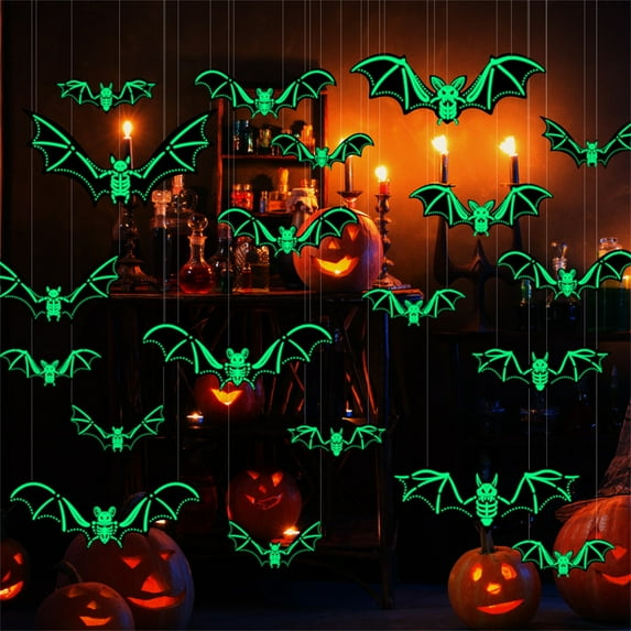 LHWEN Halloween Hanging Bat Ornaments Realistic Porch Decorations Glow Eyes PVC Bats Indoor Outdoor Party Props Atmosphere Home School Venue Decor Trick or Treater Eye-Catching Halloween Decorations