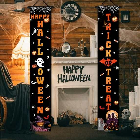 LHWEN Halloween Porch Banners Trick or Signs Outdoor Indoor Decorations Front Door Yard Garland Party Supplies Polyester Witch Pumpkin Decor Festive Entrance Hanging Display