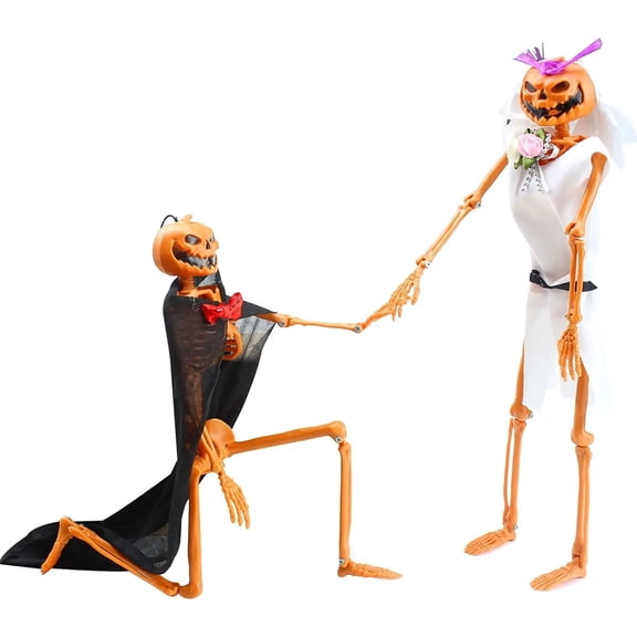 LHWEN Halloween Pumpkin Head Skeleton 16 Inch Full Body Posable Skeleton Bride and Groom Accessories Adjustable Joints Hanging Decoration for Halloween Cemetery House Party Lightweight Plastic Art