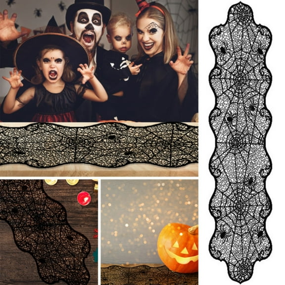 LHWEN Halloween Table Runner Black Lace 14x48 Inch Polyester Tablecloth Patterns Ideal for Halloween Dinner Table Decorations Machine Washable Soft Polyester Multipurpose for Dining Table
